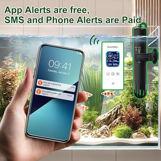 kactoily Smart Aquarium Water Monitor, Salinity pH ORP TDS EC Temp Multi-Parameter Tester for Freshwater Saltwater Fish Tanks Real-Time Alerts Upgraded Version