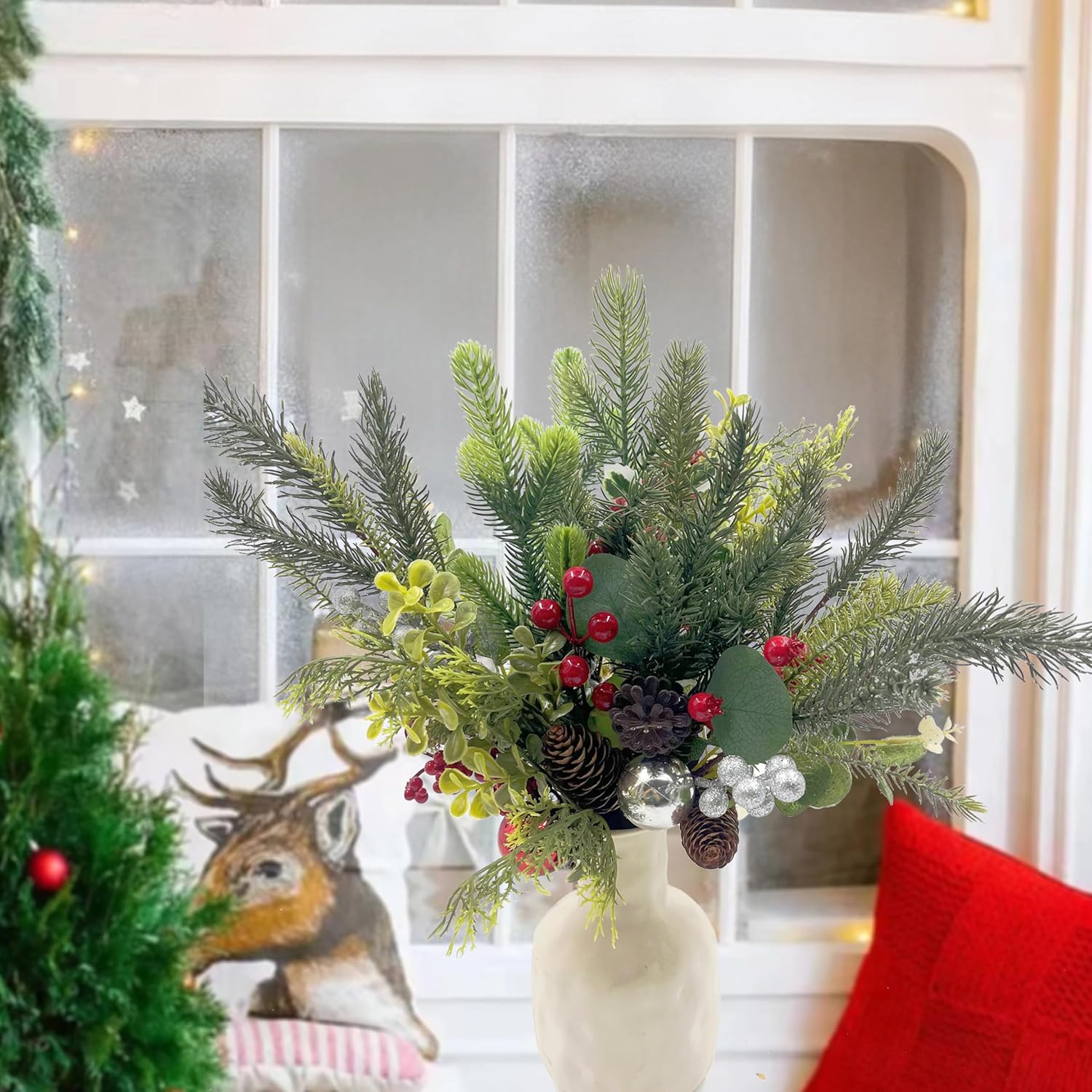 10 Pack Christmas Tree Picks with Gold Slive Ornaments,12-15Inch Red Derry Stems with Pinecone for Floral Arrangements DIY Crafts