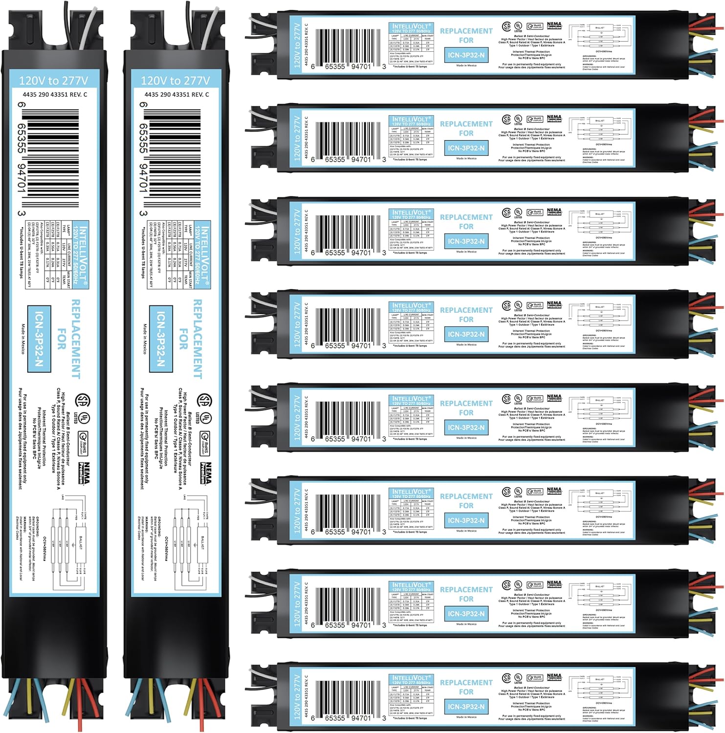 10 Pack - Replacement for ICN-3P32-SC 1, 2 & 3 Lamp T8 Fluorescent Electronic Ballast - 120-277 Volt - Instant Start - UL Approved