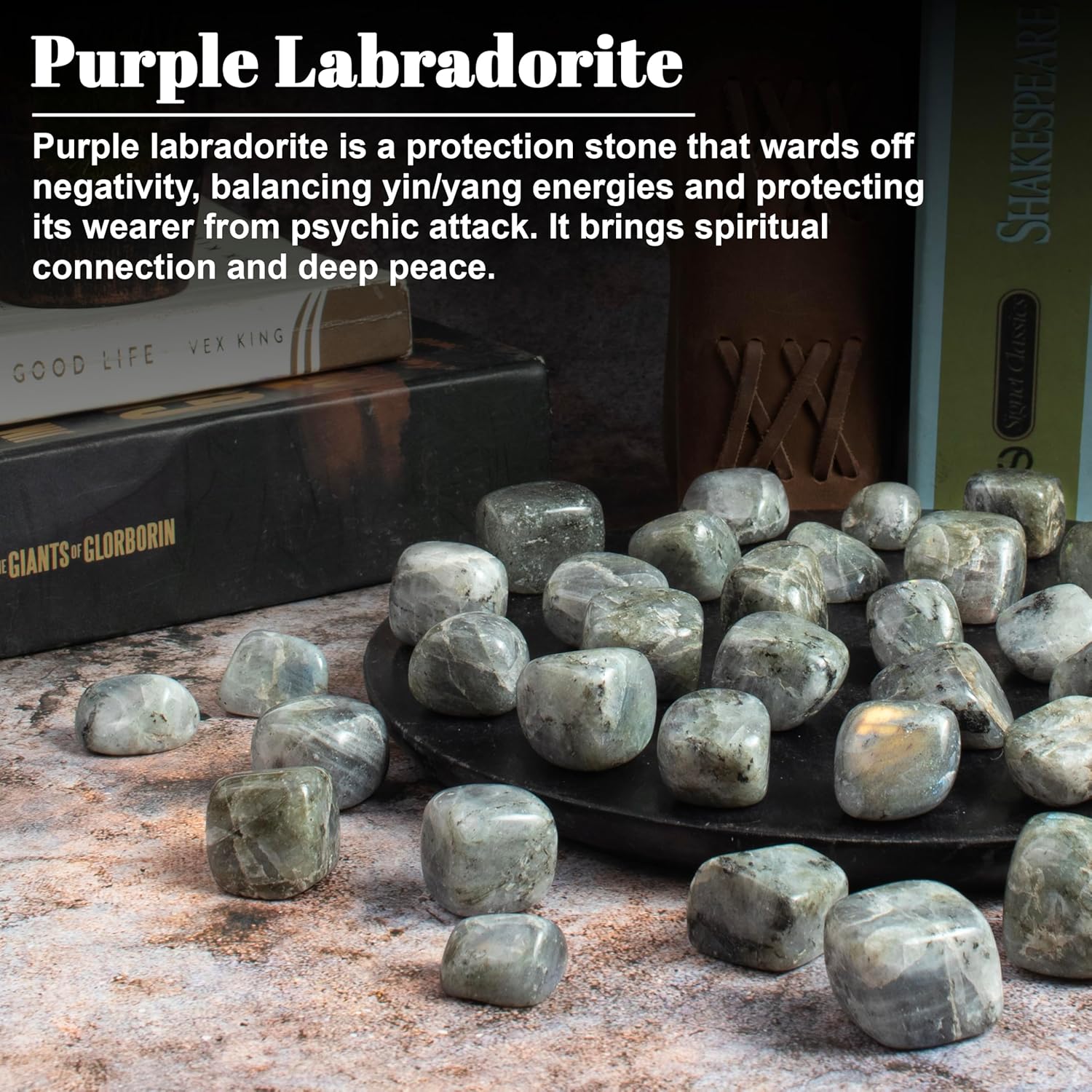 "Crocon 1LB Purple Labradorite Tumbled Stones and Crystals Bulk 2000+ Carats Natural Crystal Kit for Reiki Healing Crystal Polished, Tumble Stones, Chakra Balancing, Reiki Gift, Home Decor Size : 20mm"