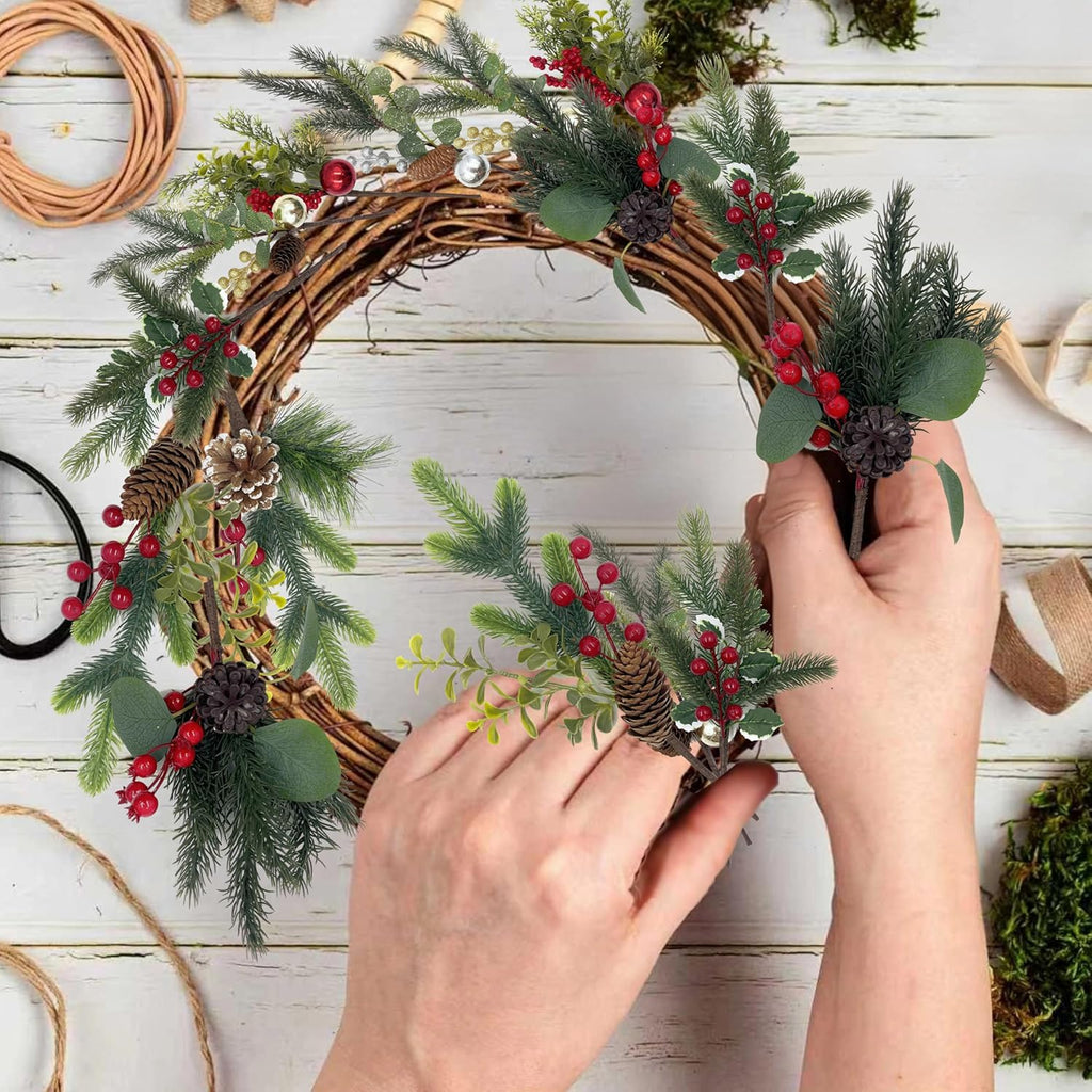 10 Pack Christmas Tree Picks with Gold Slive Ornaments,12-15Inch Red Derry Stems with Pinecone for Floral Arrangements DIY Crafts