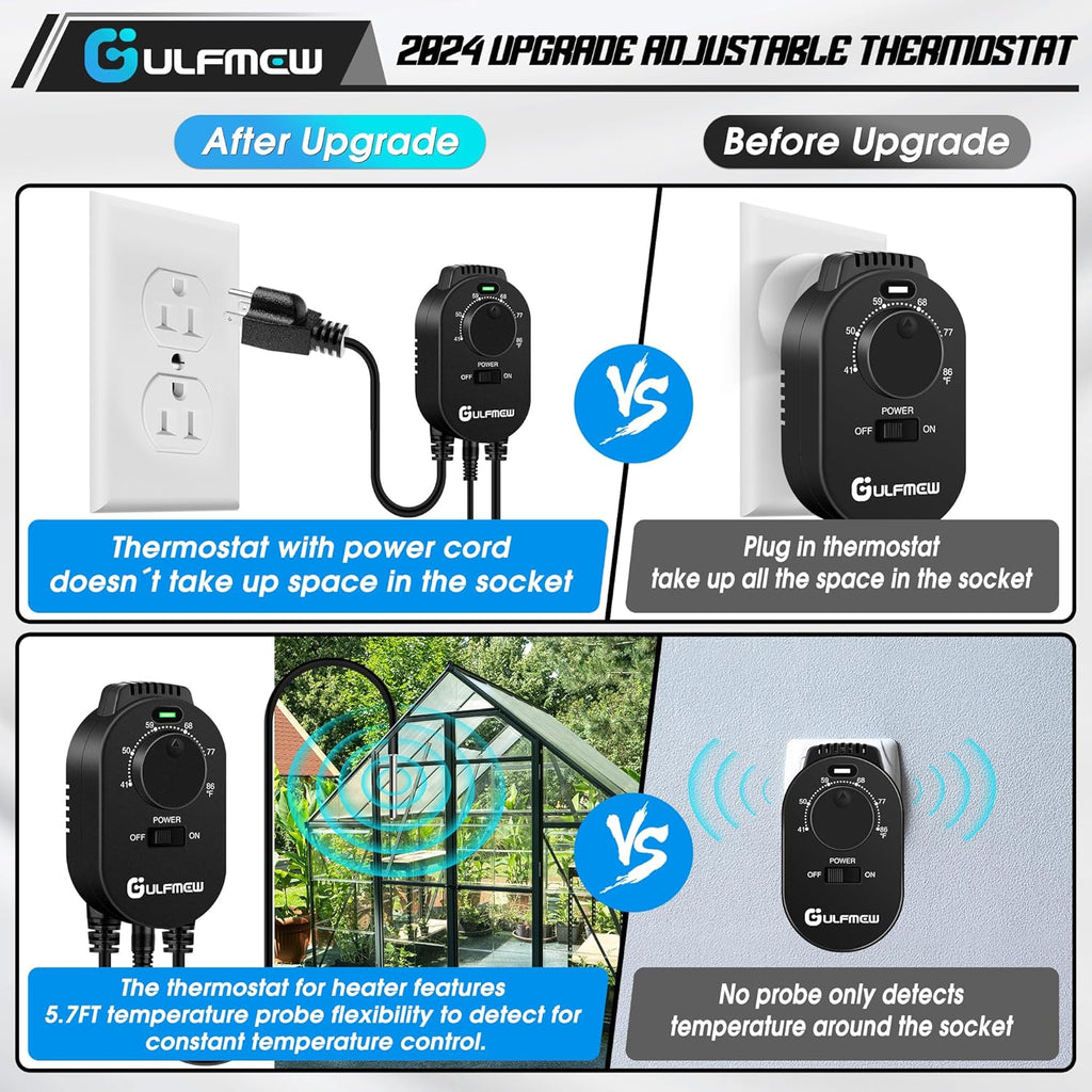 1 Pcs Thermostat Outlet for Heater, Temperature Controller Outlet with 4.9FT Power Cord, Heating and Cooling Thermostat Outlet with Temperature Probe for Space Heater, Greenhouse Fan (Black)