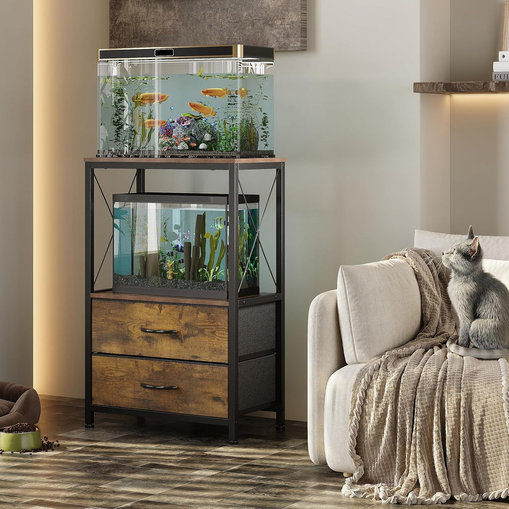 10 Gallon Aquarium Stand with 2-Tier Shelf Fish Tanks Stand with 2 Drawers Metal Frame Heavy Duty Reptile TurtleTank Stand with Storage for Home Offic Fish Tank Accessories Storage, Brown
