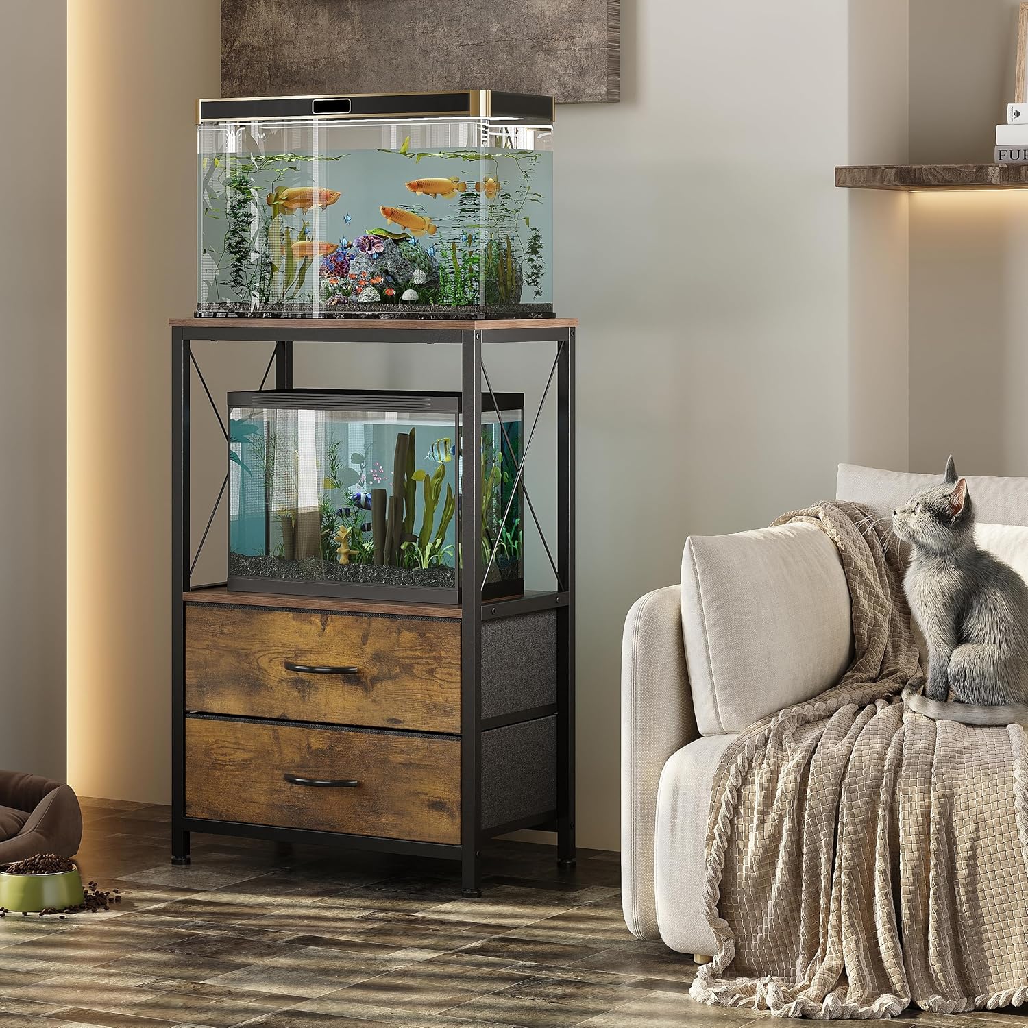 10 Gallon Aquarium Stand with 2-Tier Shelf Fish Tanks Stand with 2 Drawers Metal Frame Heavy Duty Reptile TurtleTank Stand with Storage for Home Offic Fish Tank Accessories Storage, Brown